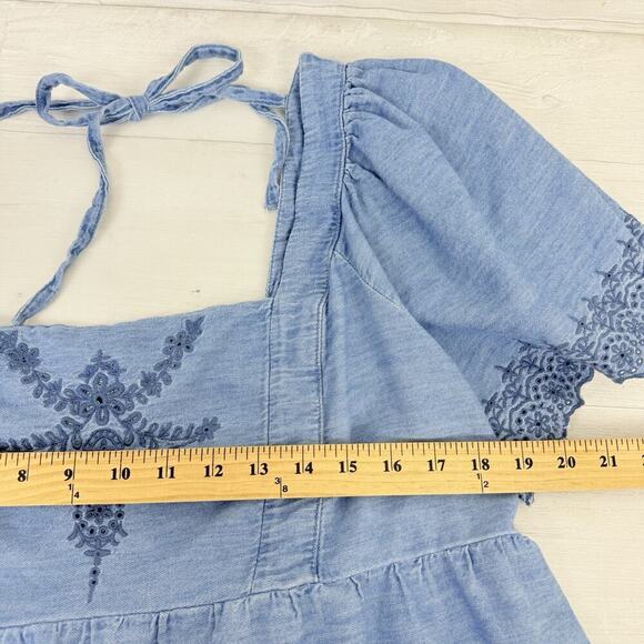 Old Navy Womens XL Chambray Flutter Sleeve Top Blouse Tie Back Boho Square Neck - Picture 12 of 15